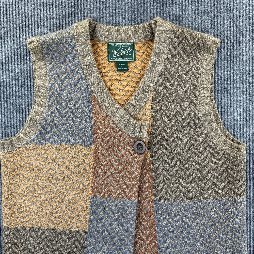 Woolrich‎ Sweater Vest Womens Large Multi Color Lambswool Chevron Knit Patchwork - Picture 2 of 12